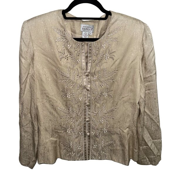 Adrianna Papell 100% Silk Jacket Women's Gold Long Sleeve Vintage Embroidered 16 - Picture 2 of 16